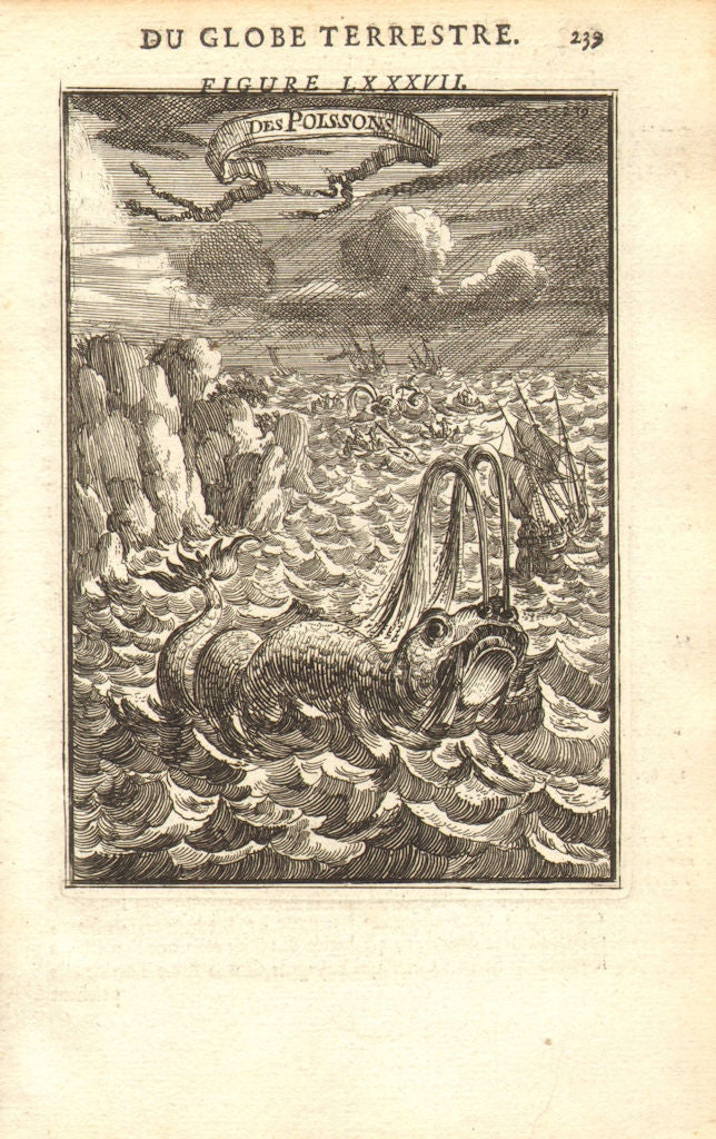 SEA MONSTERS. 'Des Poissons'. Misrepresentation of a whale?. MALLET 1683 print